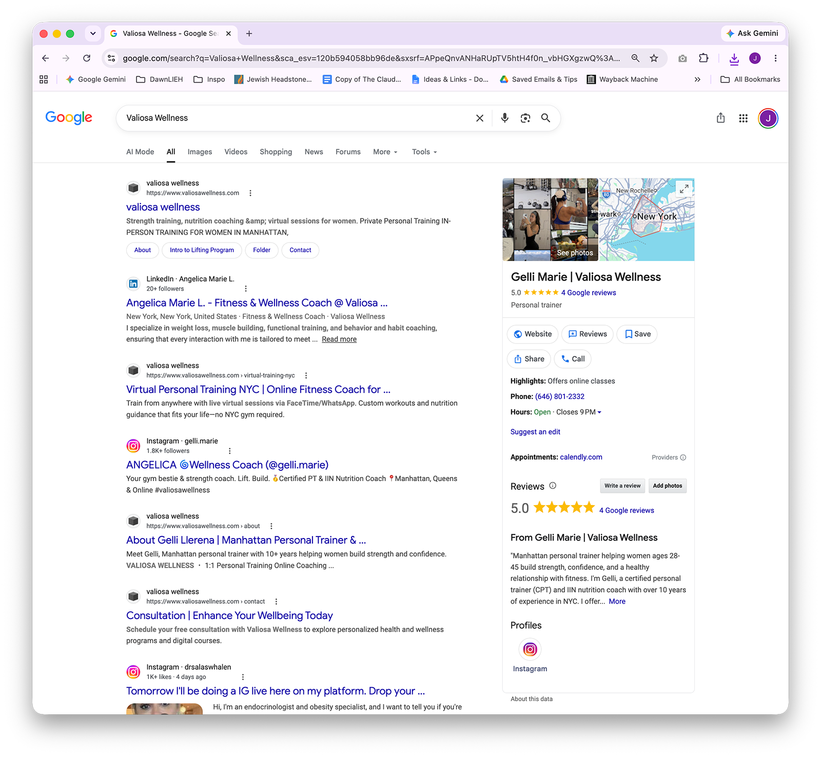 Google search results showing Valiosa Wellness Google Business Profile with 5-star rating — local SEO results from JADY Design strategy